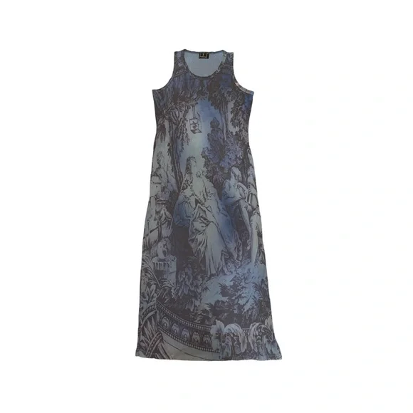 Vintage 90s 2000s y2k INC maxi blue toile renaissance print mesh dress - Picture 1 of 5